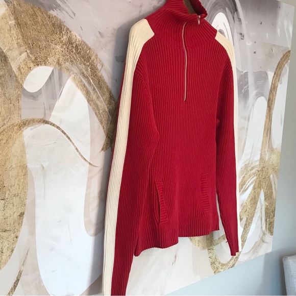 GAP | Y2K Long Sleeved Sporty Red Mock Turtle Neck Sweater w/ White Stripes - Picture 3 of 16